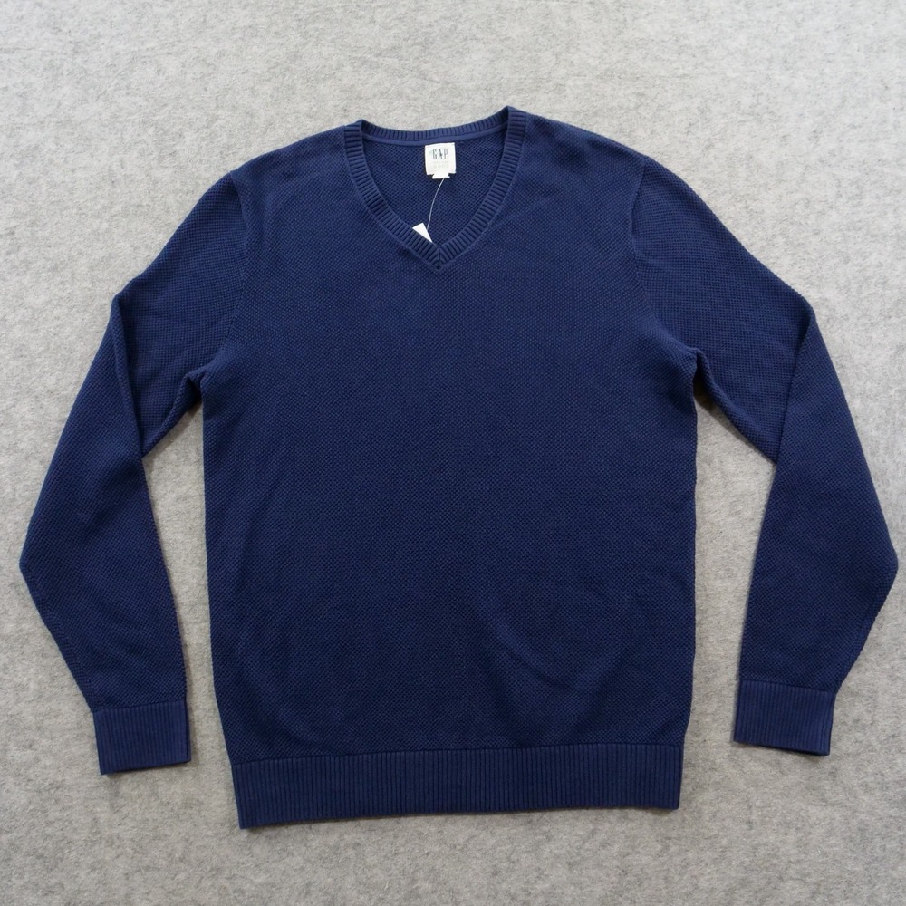 Gap Sweater Mens Medium Blue V-Neck Textured Knit Pullover Cotton New
